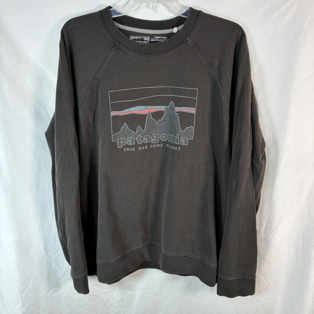Patagonia '73 Skyline Organic Crew Sweatshirt Mens Large Black Crewneck Graphic - Picture 1 of 14